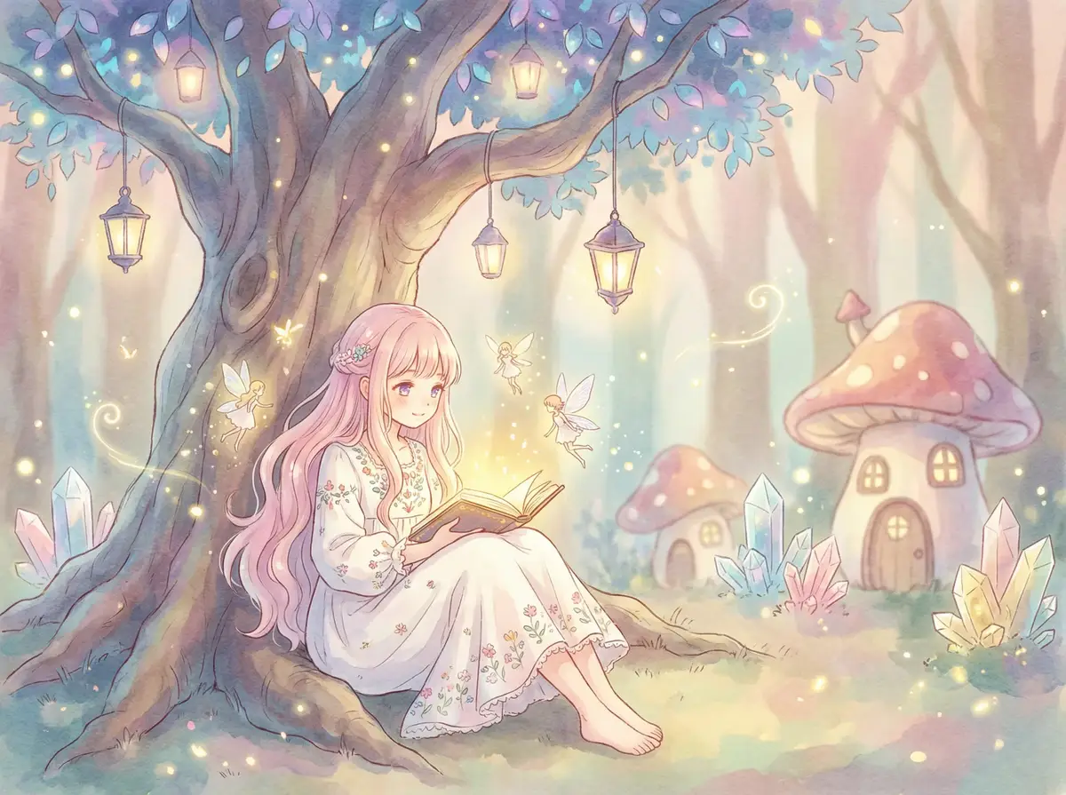 超级yin荡的高中女1 - 魔法森林中阅读故事书的粉发少女与精灵
